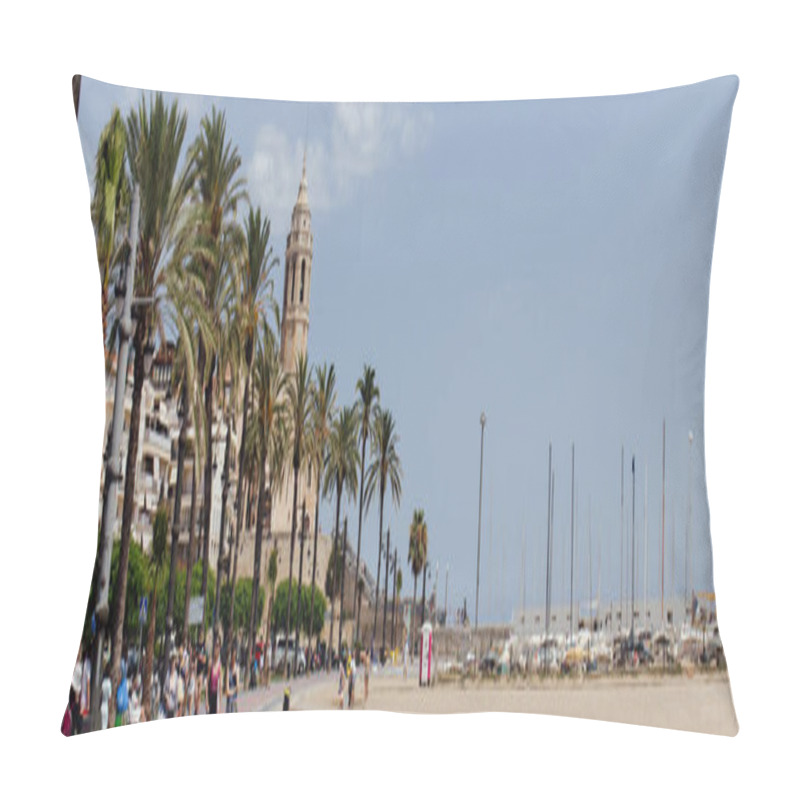 Personality  BARCELONA, SPAIN - APRIL 30, 2020: People On Urban Street With Palm Trees And Church Of Saint Bartolomeus And Santa Tecla At Background, Panoramic Crop  Pillow Covers