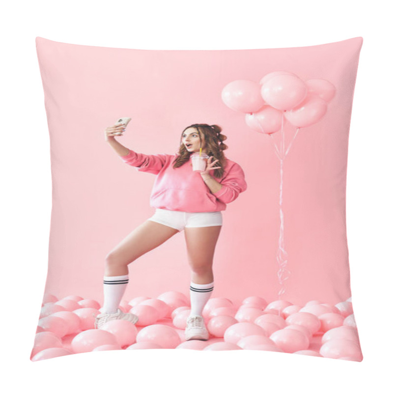 Personality  Full Length Portrait Of Trendy Young Woman Making Selfie Photo On Smartphone Holding Milk Shake Pillow Covers