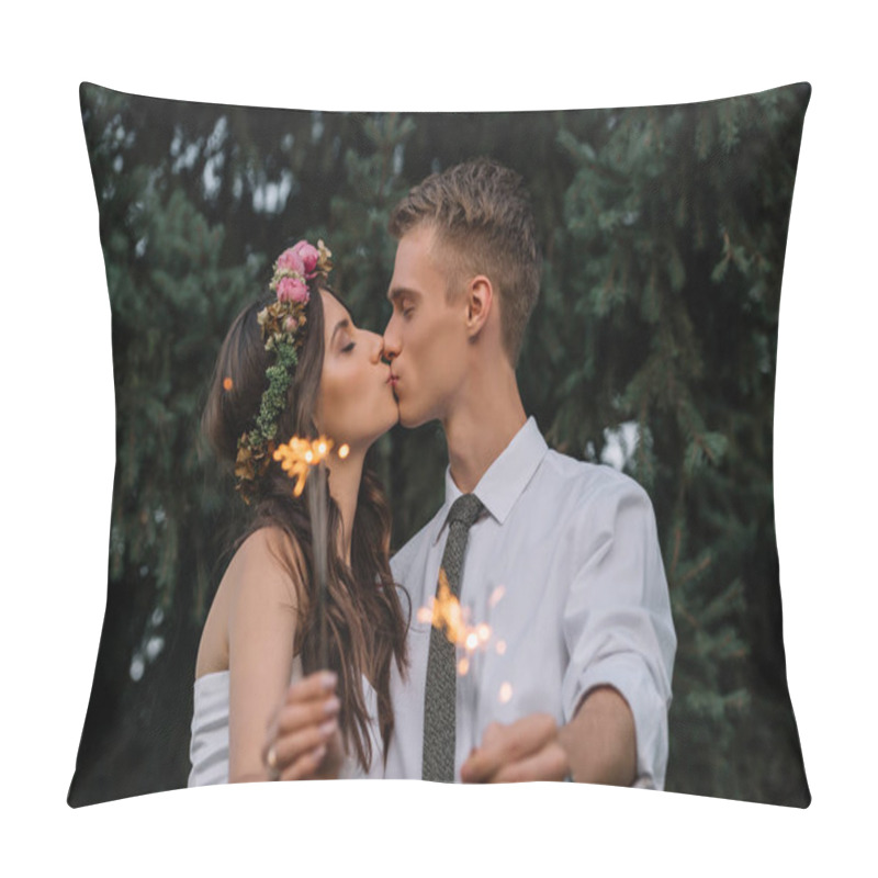 Personality  Beautiful Happy Young Wedding Couple Kissing And Holding Sparklers Pillow Covers