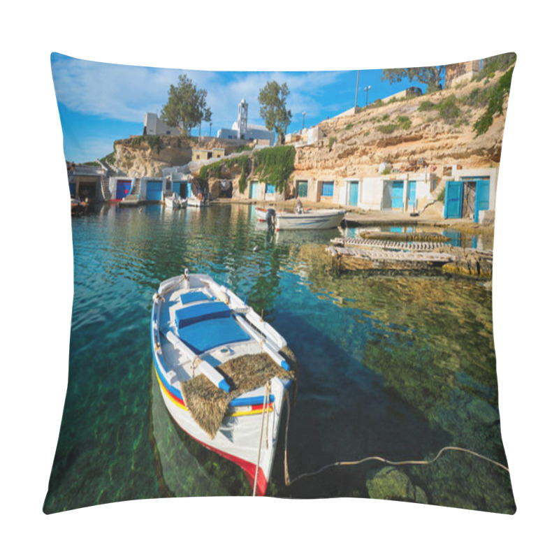 Personality  Fishing Boats In Harbour In Fishing Village Of Mandrakia, Milos Island, Greece Pillow Covers