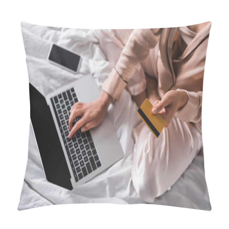 Personality  Cropped View Of Woman Sitting In Bed With Smartphone, Credit Card And Laptop At Morning Pillow Covers