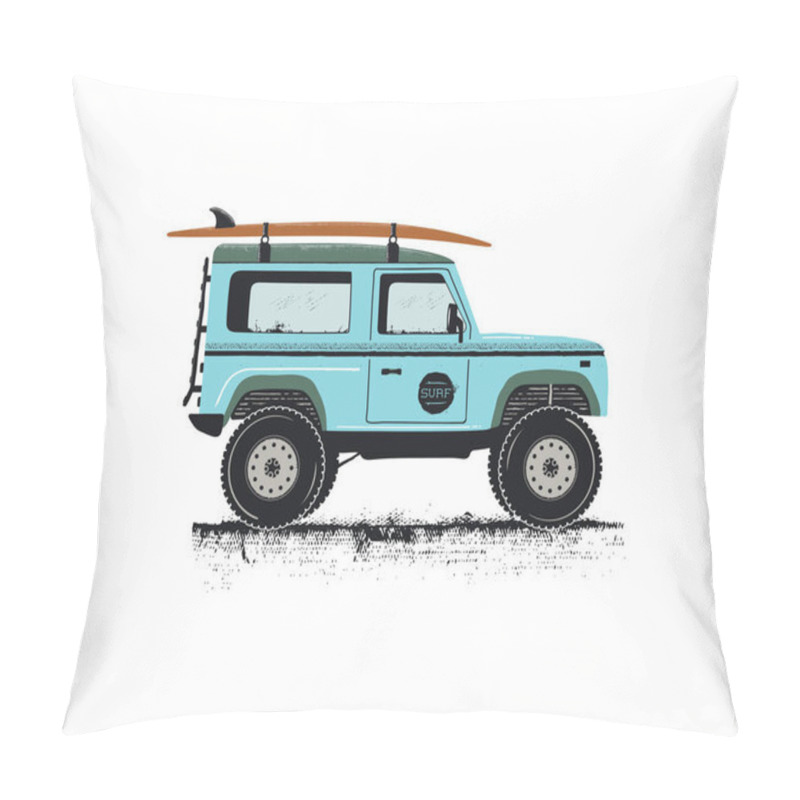 Personality  Vintage Hand Drawn Surf Car. Retro Transportation With Surfboard. Old Style Sufing Automobile. Perfect For T-Shirt, Travel Mugs And Otjer Outdoor Adventure Apparel, Clothing Prints. Stock Vector. Pillow Covers