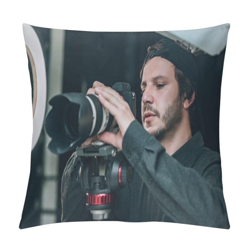 Personality  Handsome Videographer Looking At Camera Display In Photo Studio Pillow Covers