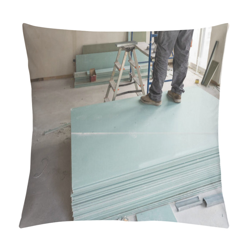 Personality  Construction Worker Assemble A Suspended Ceiling With Drywall And Fixing The Drywall To The Ceiling Metal Frame With Screwdriver. Renovation, Construction And Do It Yourself. High Quality Photo Pillow Covers