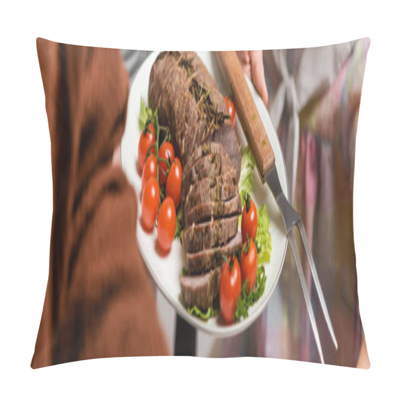 Personality  Selective Focus Of Fried Meat With Fresh Vegetables Near Cropped Family, Banner Pillow Covers