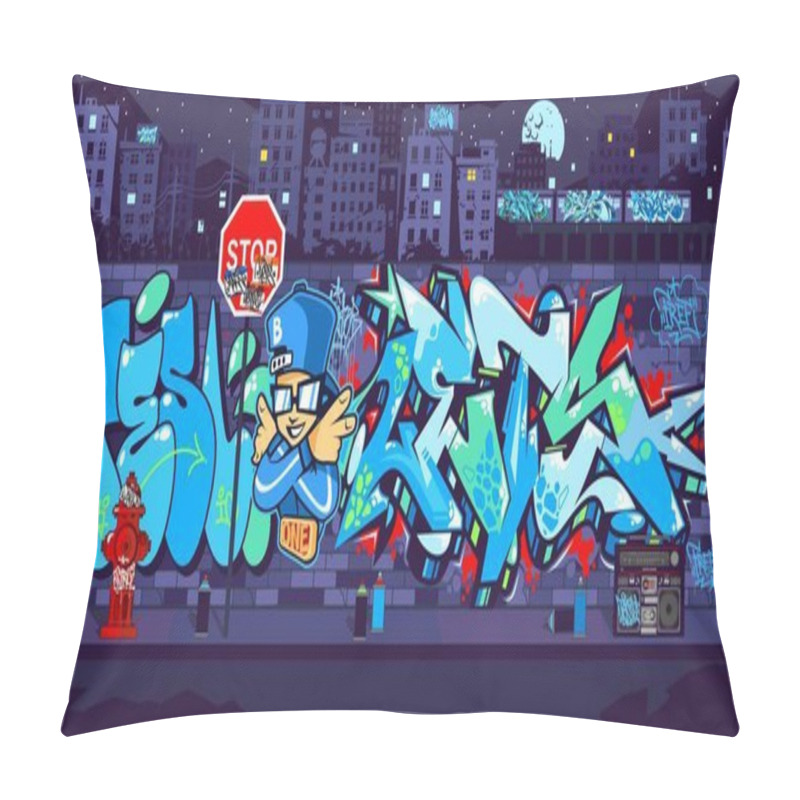 Personality  Dark Outdoor Urban Graffiti Wall With Drawings At Night Against The Background Of The Cityscape Vector Illustration Art Pillow Covers