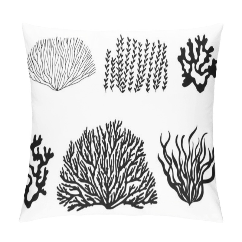 Personality  Sea Corals And Seaweed Black Silhouette. Vector Isolated Pillow Covers