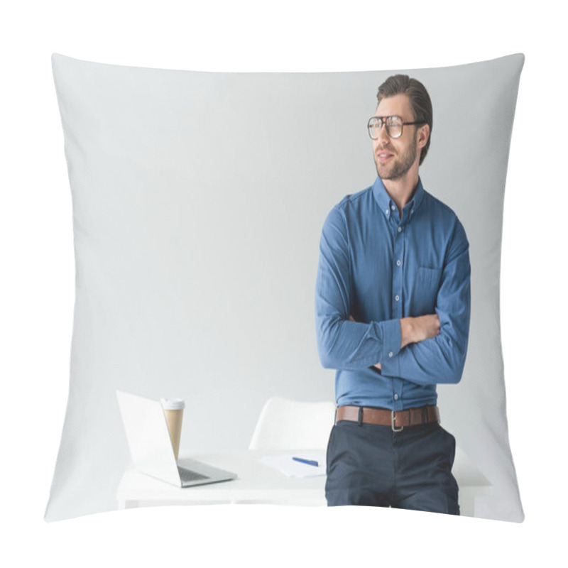 Personality  Handsome Young Businessman With Crossed Arms Leaning Back At Workplace Isolated On White Pillow Covers