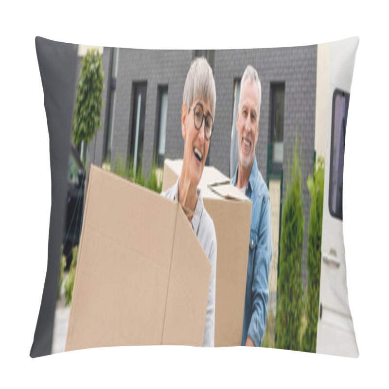 Personality  Panoramic Shot Of Mature Man And Smiling Woman Bringing Boxes To New House  Pillow Covers