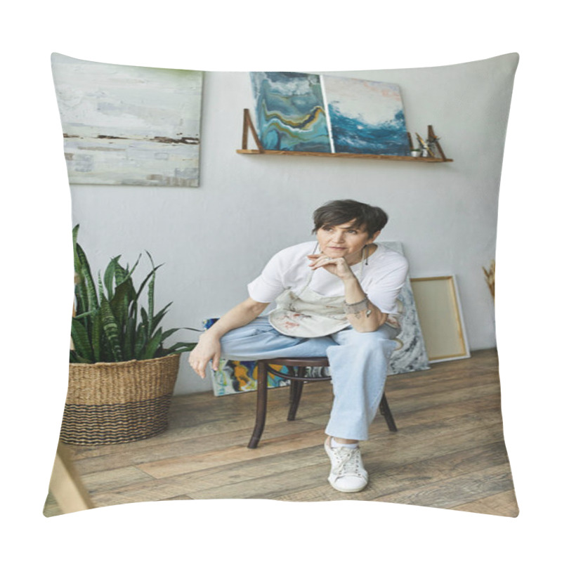 Personality  An Artist Contemplates Her Next Brushstroke In A Sunlit Studio. Pillow Covers