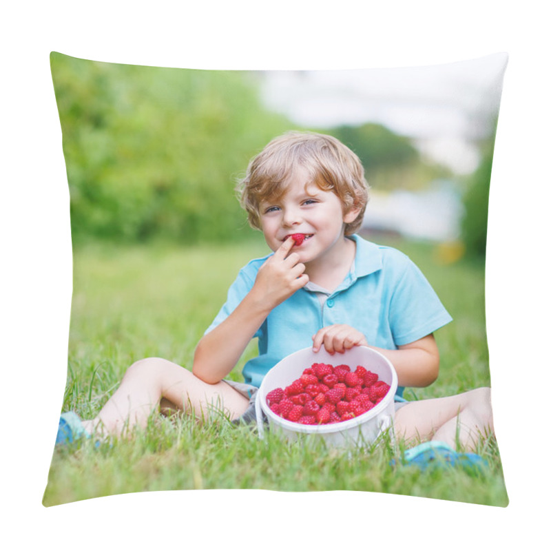 Personality  Little Blond Boy Happy About His Harvest On Raspberry Farm Pillow Covers