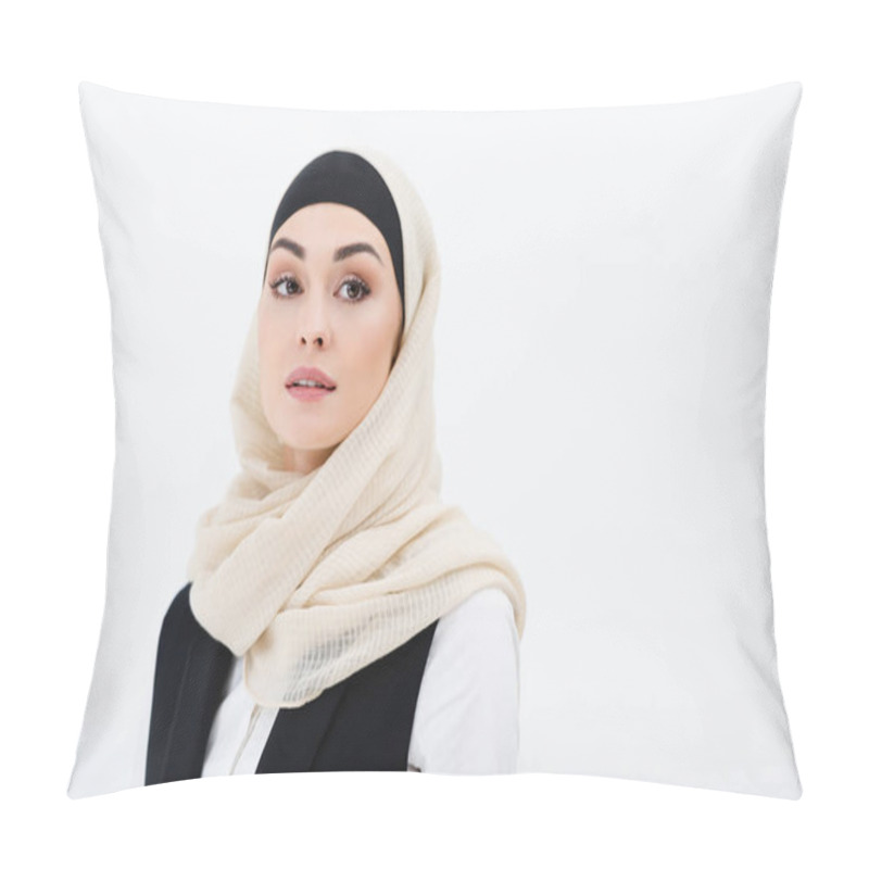 Personality  Portrait Of Muslim Businesswoman In Hijab Looking Away Isolated On Grey Pillow Covers