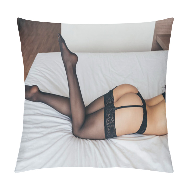 Personality  Partial View Of Sexy Young Woman In Black Lingerie Lying On Bed Pillow Covers