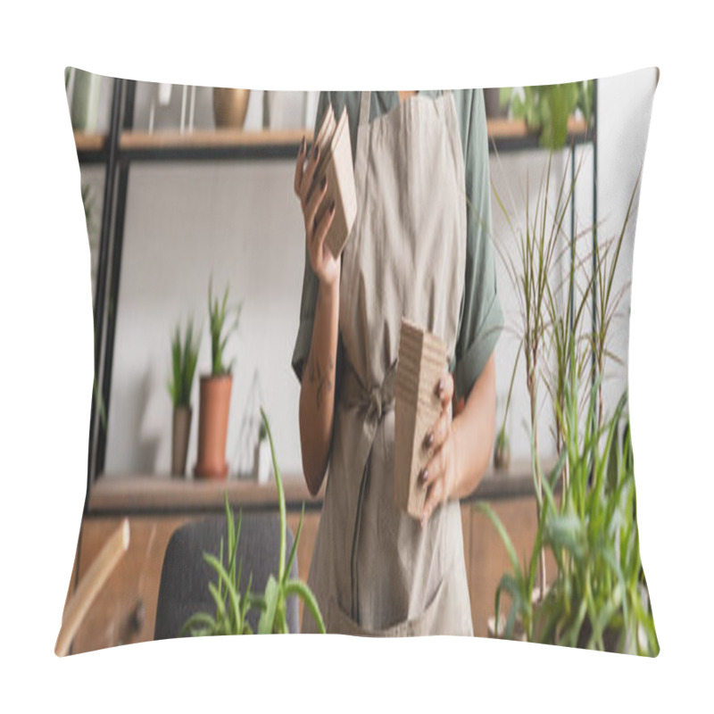 Personality  Cropped View Of African American Florist Holding Peat Pots Near Green Plants In Flower Shop, Banner Pillow Covers