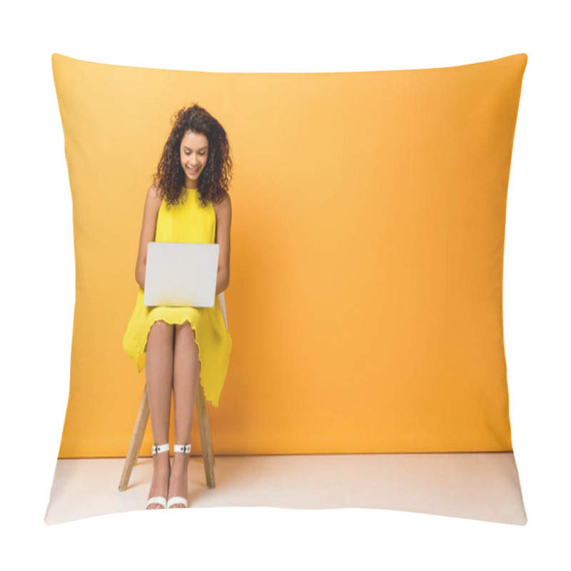 Personality  Happy Curly African American Woman Sitting In Yellow Dress On Chair And Using Laptop On Orange Pillow Covers