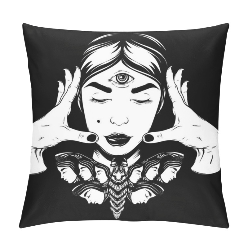 Personality  Vector Hand Drawn Surreal Illustration Of Fortune Teller With Moth And Human Hands. Creative Tattoo Artwork. Template For Card, Poster. Banner, Print For T-shirt, Pin, Badge, Patch. Pillow Covers