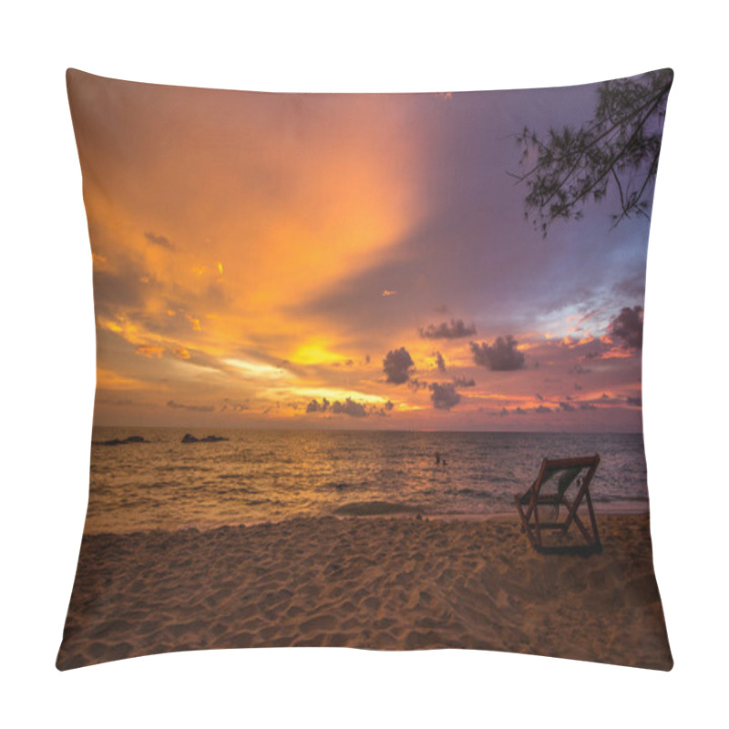 Personality  Beautiful Sunset Over A Tranquil Beach With A Lone Deck Chair On The Sand. Pillow Covers