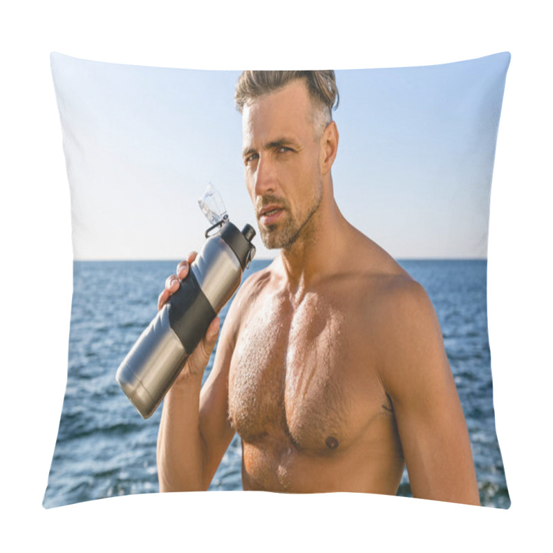 Personality  Shirtless Wet Adult Man With Fitness Bottle Of Water On Seashore Pillow Covers