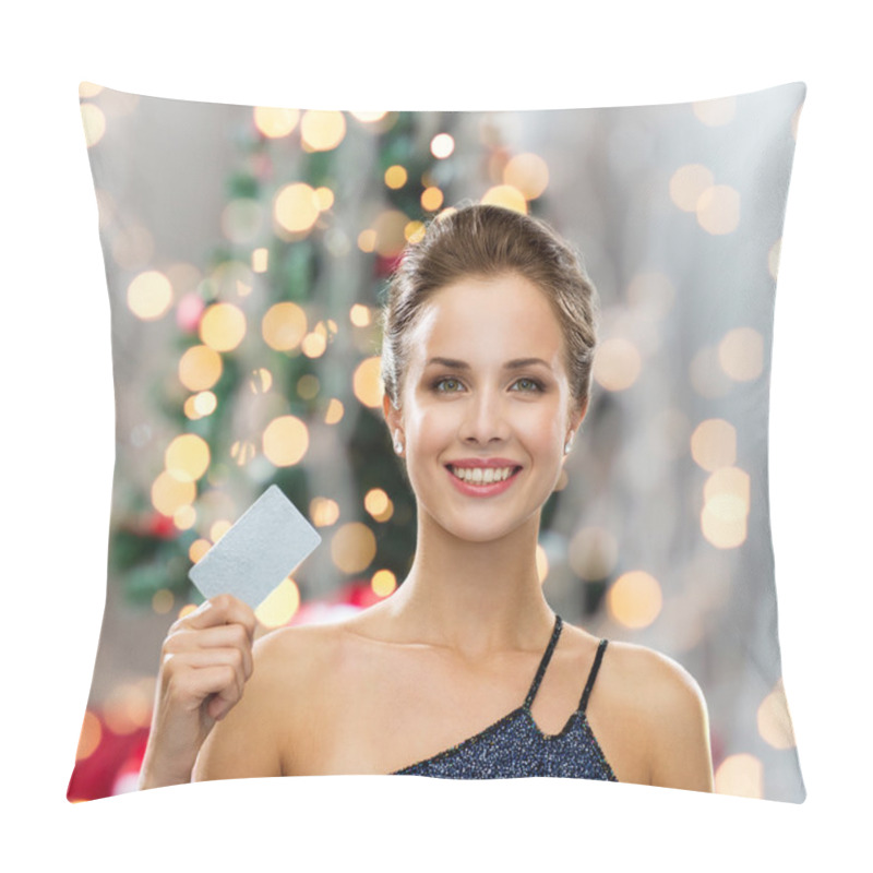 Personality  Smiling Woman In Evening Dress Holding Credit Card Pillow Covers