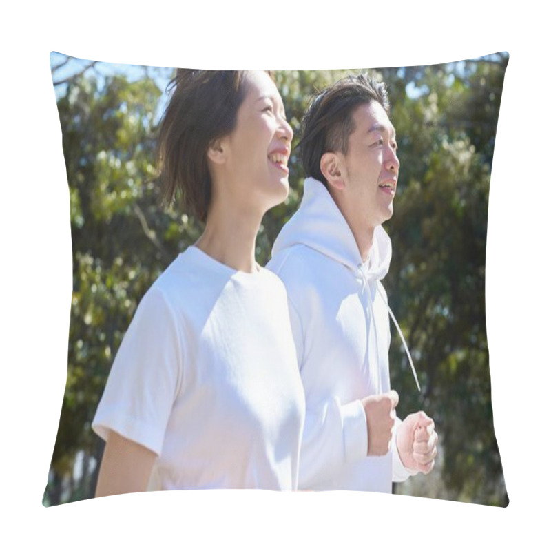 Personality  Man And Woman Running Side By Side On Fine Day Pillow Covers