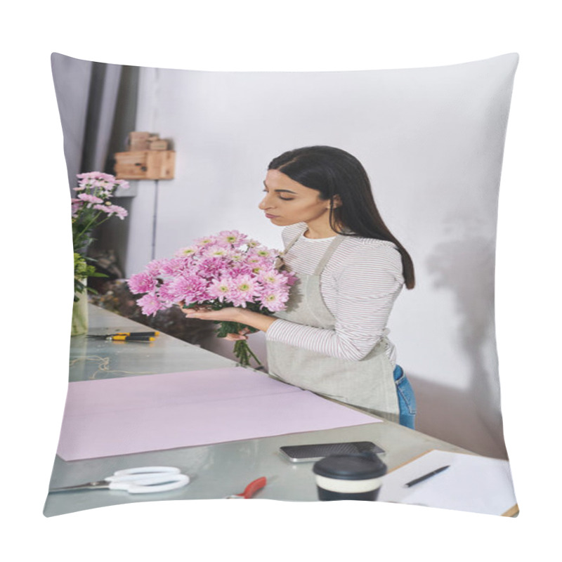 Personality  A Skilled Florist Gracefully Assembles A Bouquet In Her Cozy Flower Shop, Showcasing Creativity. Pillow Covers