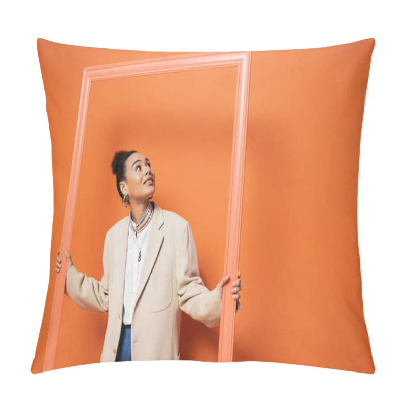 Personality  Joyful Attractive Fashionista In Beige Blazer And Hoop Earrings With Framework In Her Hands Pillow Covers