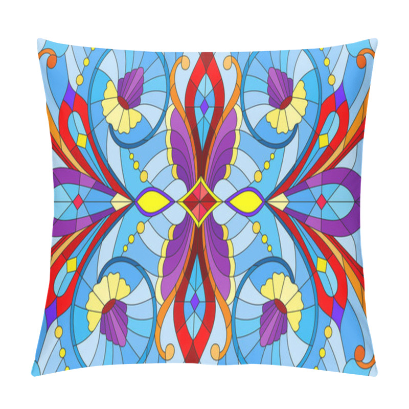 Personality  Illustration In Stained Glass Style With Abstract Flowers, Leaves And Curls On Blue Background, Horizontal Orientation Pillow Covers