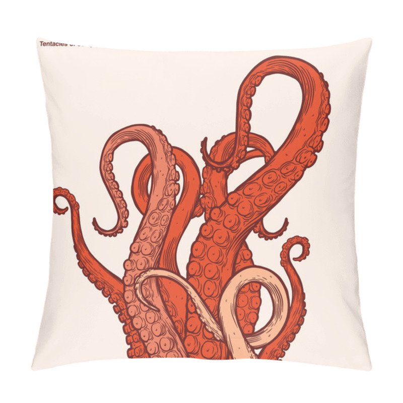 Personality  Red Octopus Tentacles Reaching Upwards, Squid-like Marine Animal Body Parts Protruding From Out Of Frame, Cut For Food Or Frame Design, Cartoon Sketch Vector Illustration.  Pillow Covers