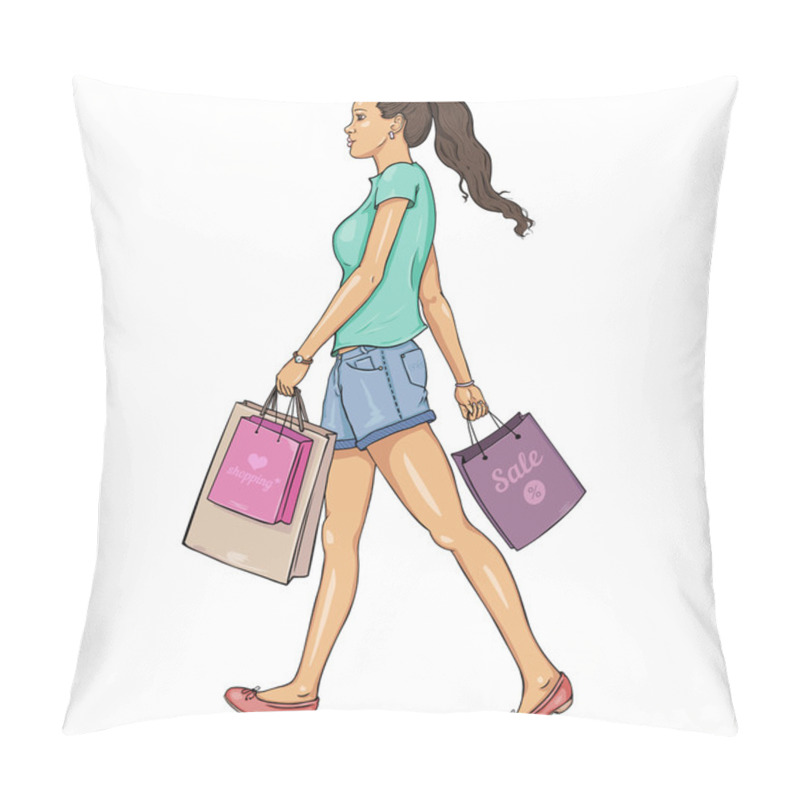 Personality  Vector Cartoon Brunette Girl Goes And Is In The Hands Of Shopping Bags Pillow Covers