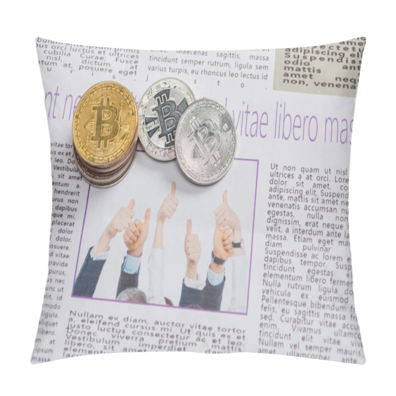 Personality  KYIV, UKRAINE - NOVEMBER 1, 2021:  Top View Of Bitcoins On Printed Newspaper With Lettering, Translation: Free Life But Risky Pillow Covers