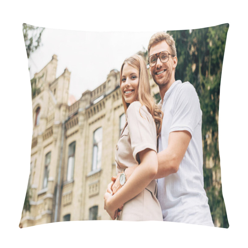 Personality  Bottom View Of Beautiful Young Couple Embracing Near Old Building Pillow Covers