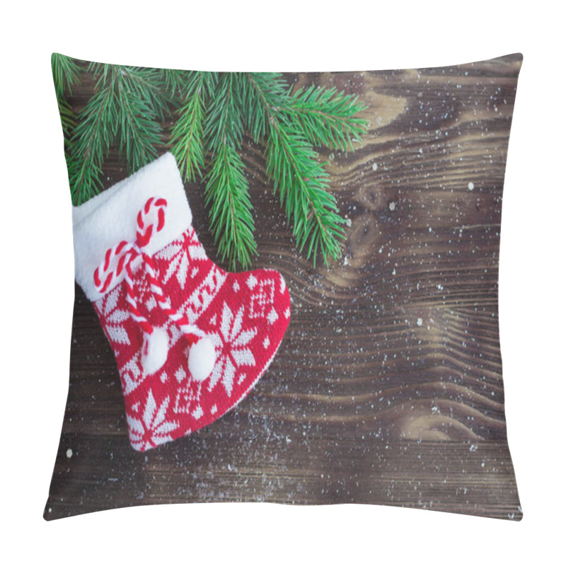 Personality  Composition Of Christmas Tree Branches And Red Knitted Stocking, Pillow Covers