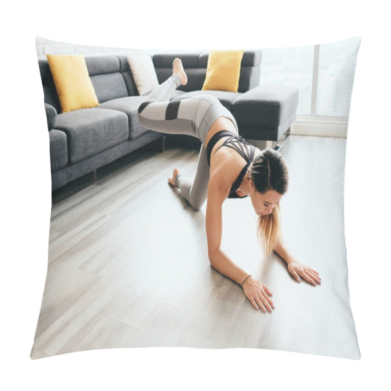 Personality  Adult Woman Training Legs And Back Doing Plank Donkey Kicks Pillow Covers