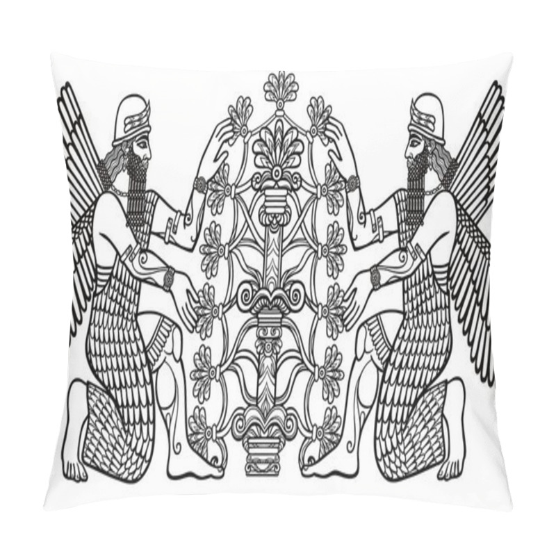 Personality  The Silhouette Of The Assyrian Deities Collects Fruits From A Fantastic Tree. Character Of Sumerian Mythology. Linear Drawing, The Black Silhouette Isolated On A White Background. Vector Illustration. Pillow Covers