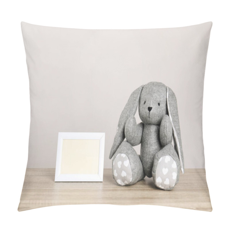 Personality  Photo Frame With Space For Text And Adorable Toy Bunny On Table Against Light Background. Child Room Elements Pillow Covers