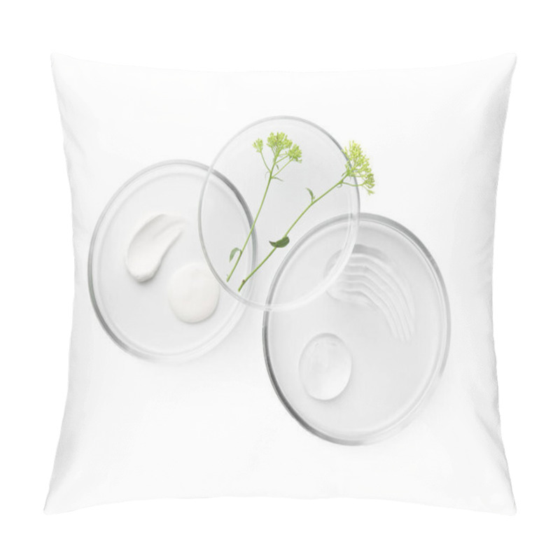 Personality  Petri Dishes With Different Cosmetic Products And Leaves Isolated On White, Top View Pillow Covers