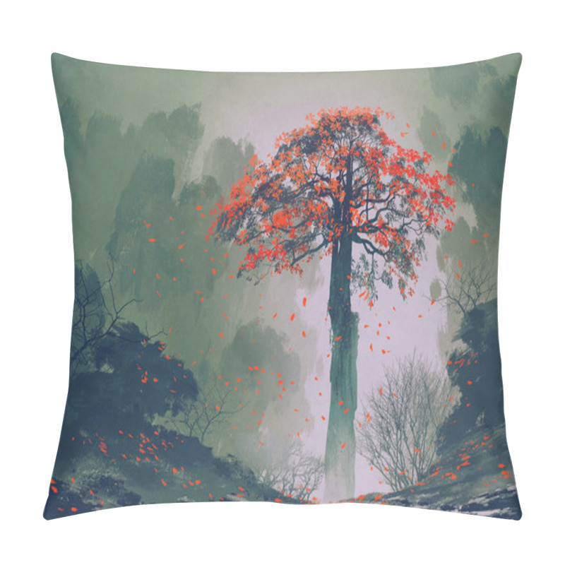 Personality  Lonely Red Autumn Tree With Falling Leaves In Winter Forest Pillow Covers