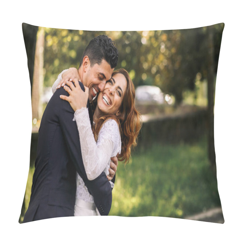 Personality  Bride And Groom Hug Each Other Tightly While Laughing In The Par Pillow Covers