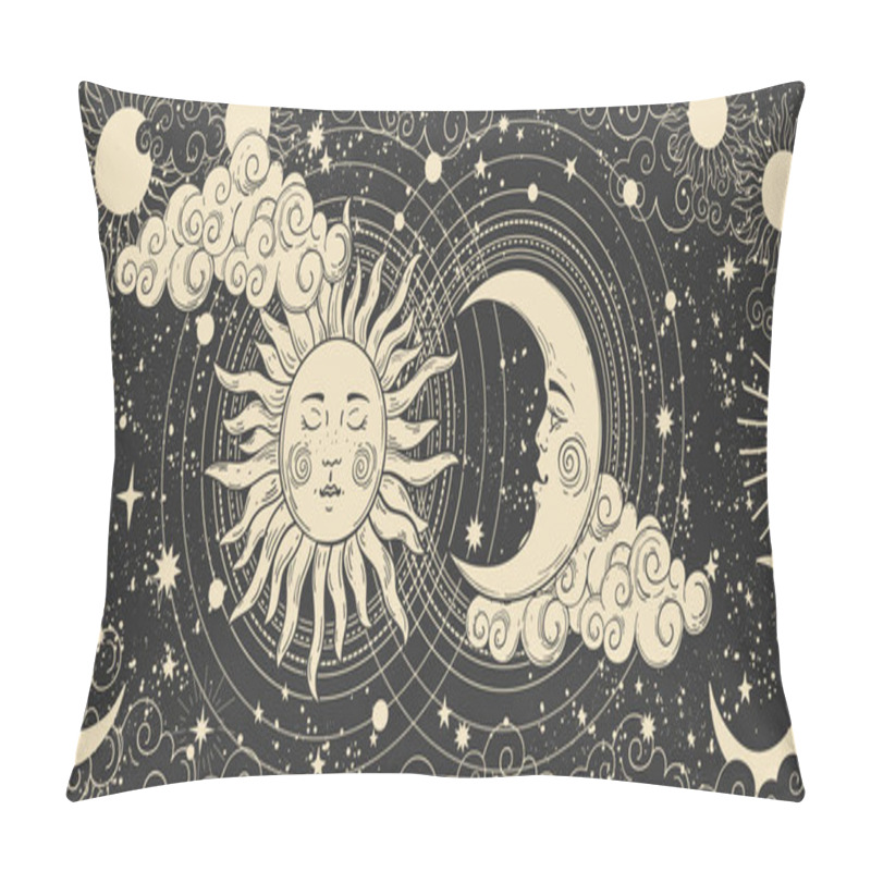 Personality  Magical Banner For Astrology, Celestial Alchemy. Heavenly Art For The Zodiac, Tarot, Device Of The Universe, Crescent Moon With A Face, Clouds, Sun With The Moon On A Black Background. Esoteric Vector Pillow Covers