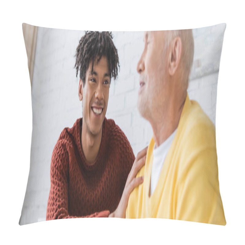 Personality  Positive African American Man Hugging Blurred Grandparent At Hoe, Banner  Pillow Covers