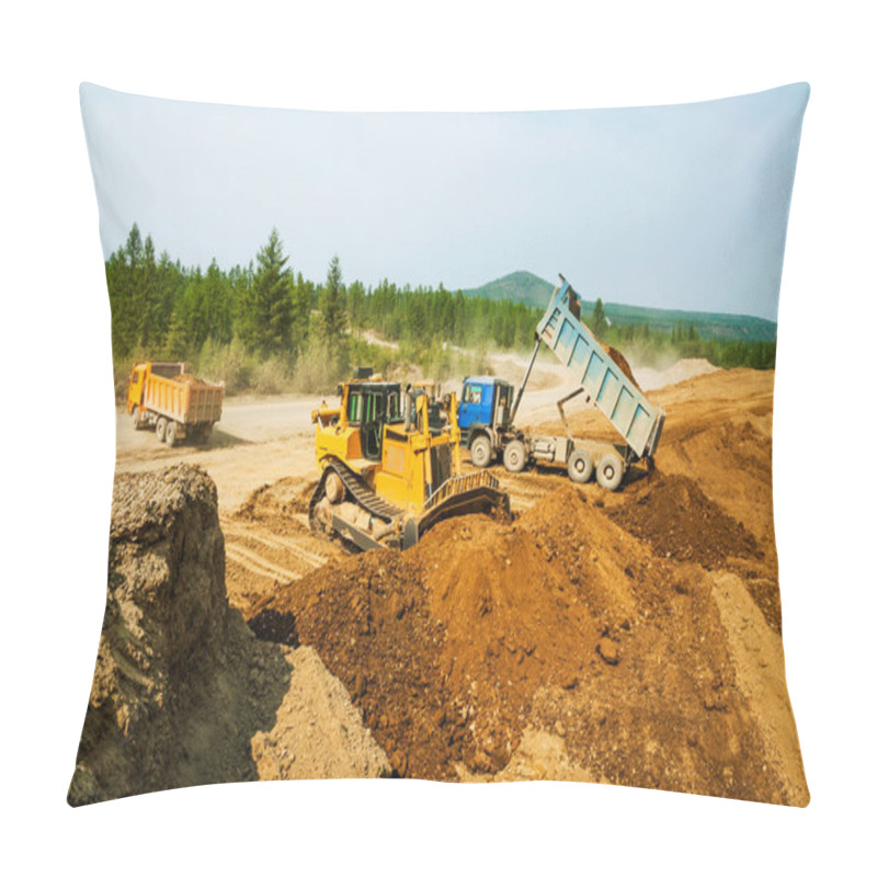 Personality  Earthworks In An Open Area On A Summer Sunny Day. Cargo Dump Trucks, Excavators, Wheel Loaders And Bulldozers Operate At The Same Time. Pillow Covers