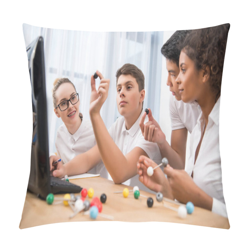 Personality  Young Multicultural Students Picking Molecular Model For Science Lesson Pillow Covers