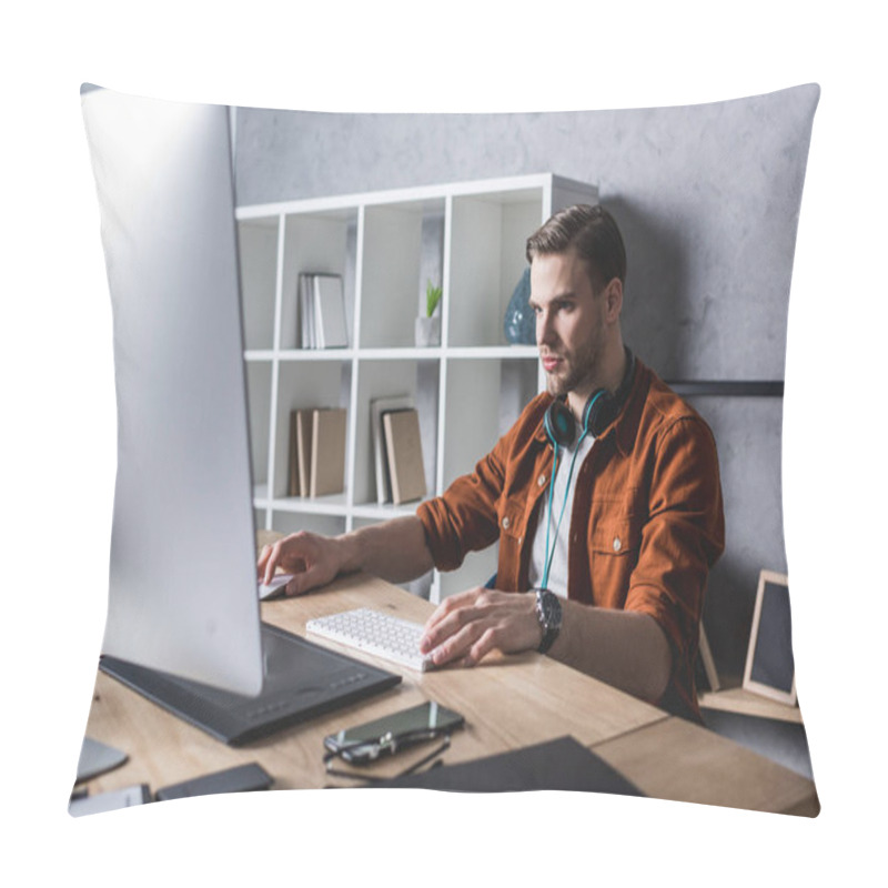 Personality  Handsome Young Designer Wrking Wit Computer At Modern Office Pillow Covers