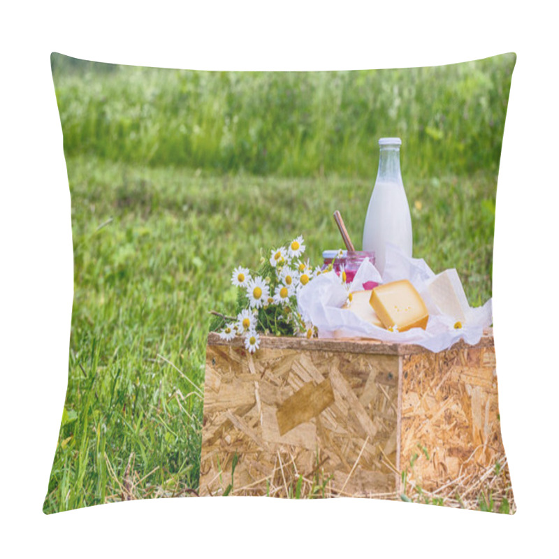 Personality  Dairy Products Milk, Cheese Yogurt Served At Picnic Table In A Cheese Farm Caws In Background Pillow Covers