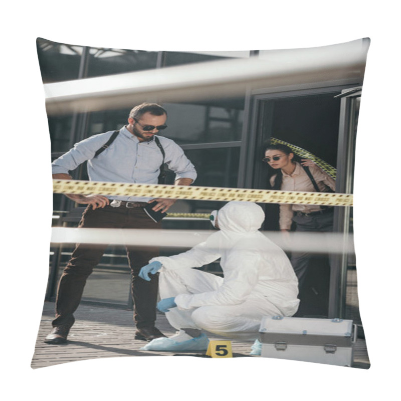 Personality  Detectives And Criminologist Communicating At Crime Scene Pillow Covers