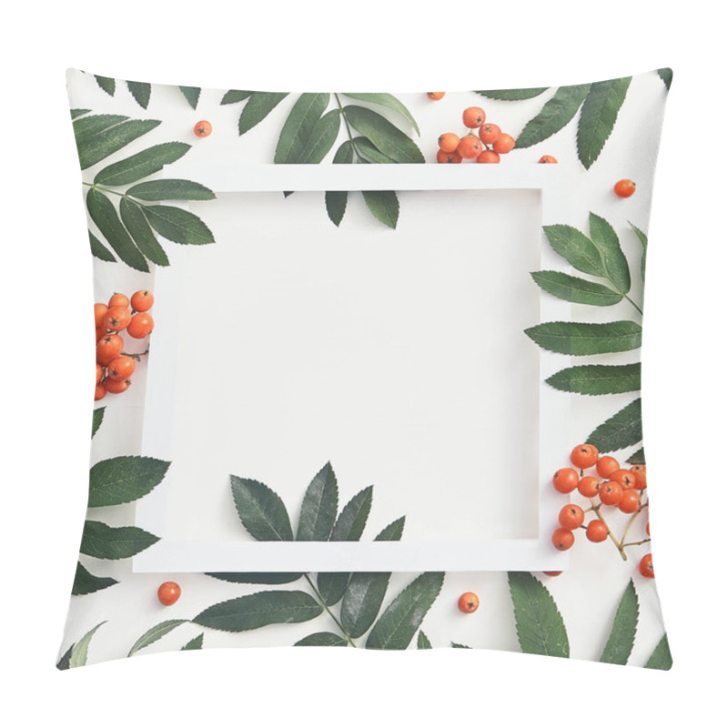 Personality  Fresh Sorbus Berries And Branches Top View. Red Rowan And Green Leaves Social Media Post Design. Wild Fruits Square Frame Concept. Tree Twigs Botanical Composition On White Background Pillow Covers