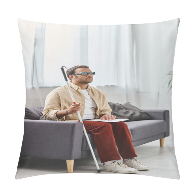 Personality  Handsome Indian Man With Visual Impairment With Glasses And Walking Stick Reading Braille Code Pillow Covers