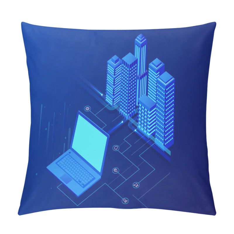 Personality  Isometric Modern City. Concept Website Template. Smart City With Smart Services And Icons, Internet Of Things, Networks And Augmented Reality Concept Pillow Covers