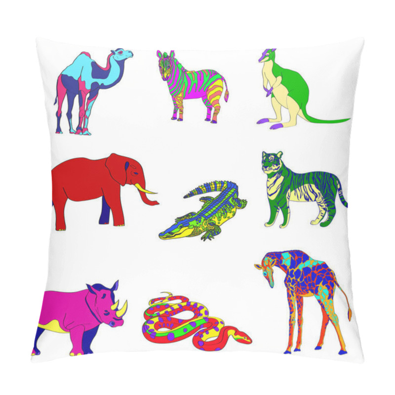 Personality  Vector Illustration. Image Rhino Kangaroo, Giraffe, Elephant, Zebra, Snake, Crocodile, Camel, Tiger Various Bright Colors. Pillow Covers