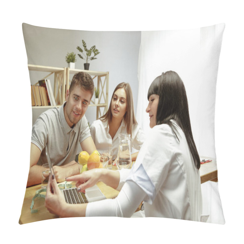 Personality  Smiling Nutritionist Showing A Healthy Diet Plan To Patient Pillow Covers